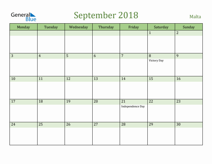 September 2018 Calendar with Malta Holidays