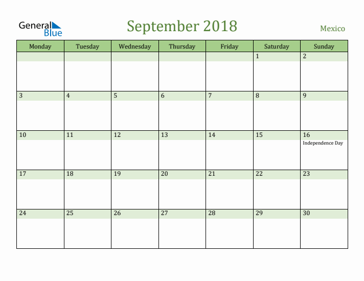 September 2018 Calendar with Mexico Holidays