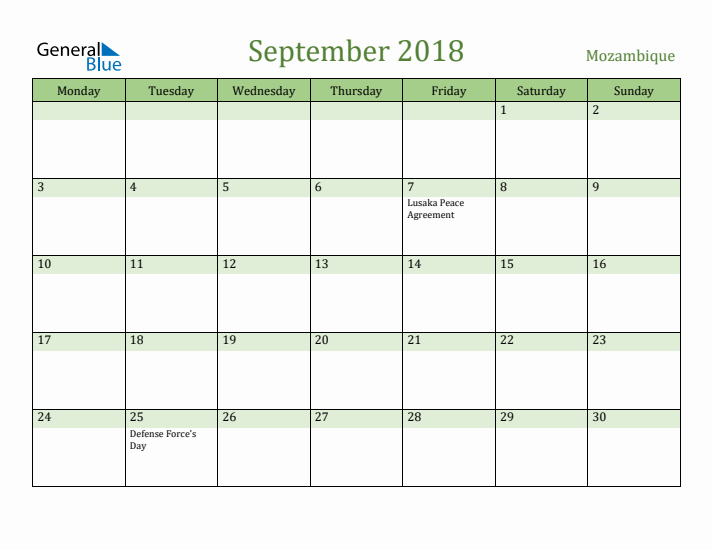 September 2018 Calendar with Mozambique Holidays