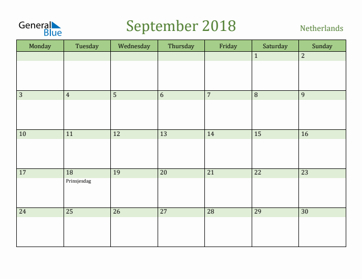 September 2018 Calendar with The Netherlands Holidays