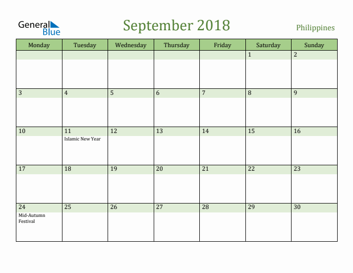 September 2018 Calendar with Philippines Holidays