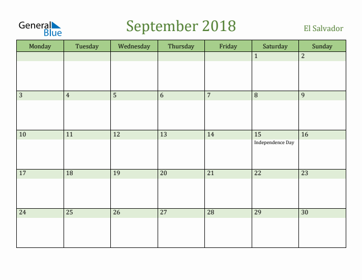 September 2018 Calendar with El Salvador Holidays