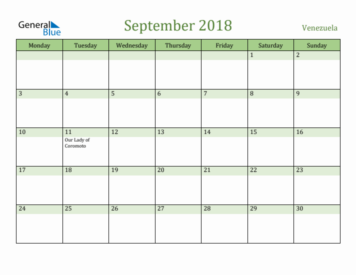 September 2018 Calendar with Venezuela Holidays