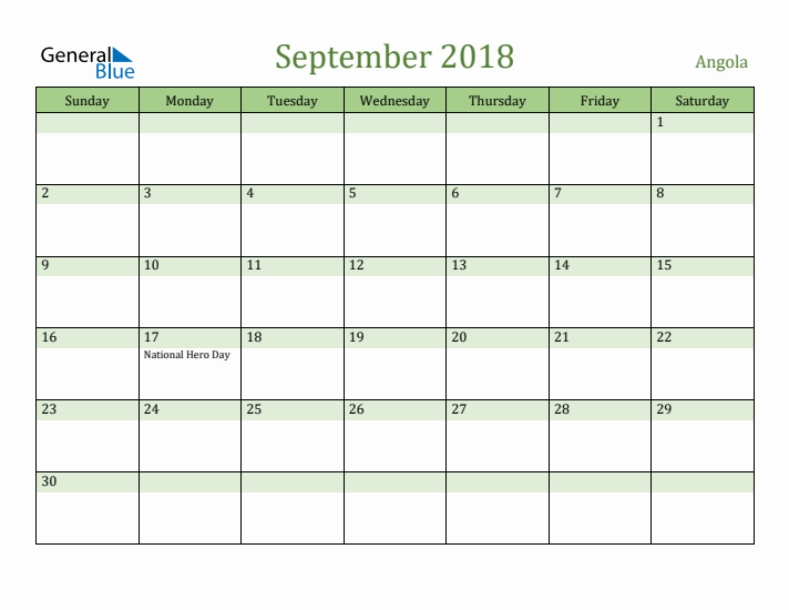 September 2018 Calendar with Angola Holidays