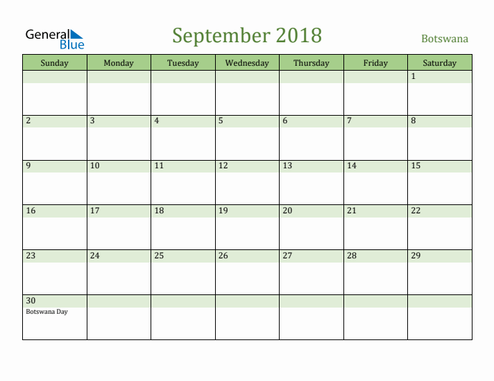 September 2018 Calendar with Botswana Holidays