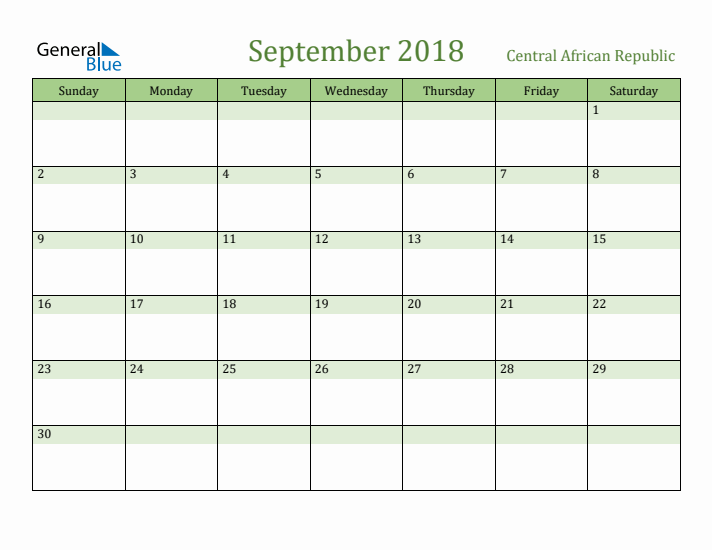 September 2018 Calendar with Central African Republic Holidays