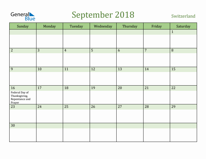 September 2018 Calendar with Switzerland Holidays