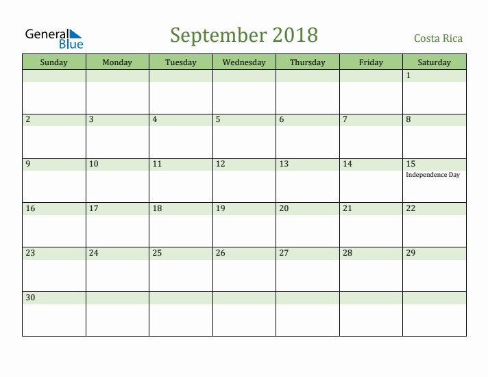 September 2018 Calendar with Costa Rica Holidays