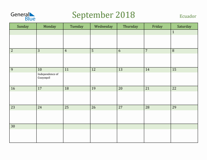 September 2018 Calendar with Ecuador Holidays