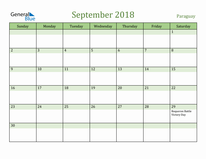 September 2018 Calendar with Paraguay Holidays