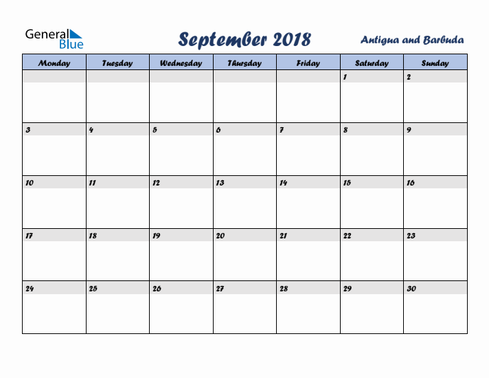 September 2018 Calendar with Holidays in Antigua and Barbuda