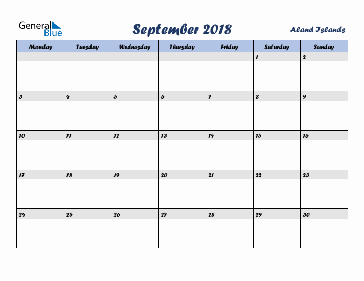 September 2018 Calendar with Holidays in Aland Islands