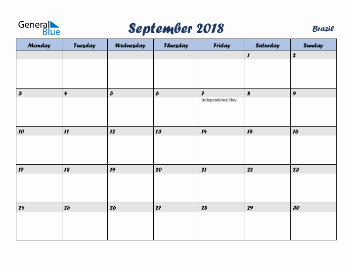 September 2018 Calendar with Holidays in Brazil