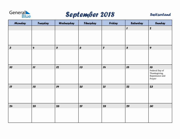 September 2018 Calendar with Holidays in Switzerland