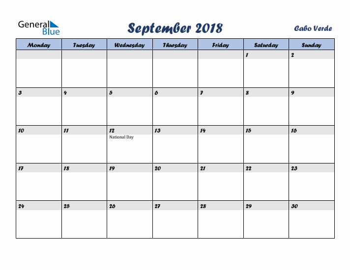 September 2018 Calendar with Holidays in Cabo Verde