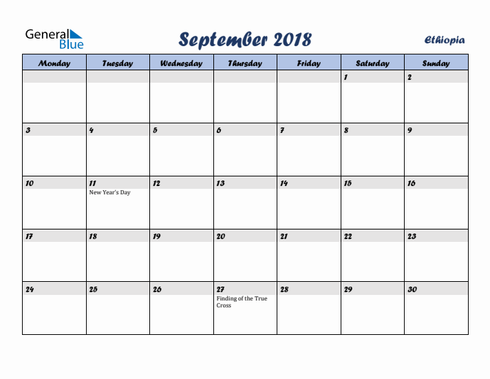 September 2018 Calendar with Holidays in Ethiopia