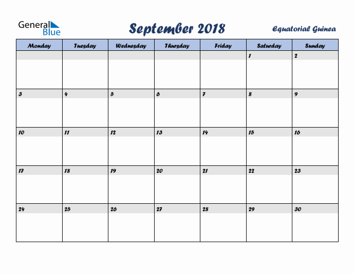 September 2018 Calendar with Holidays in Equatorial Guinea