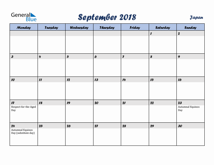 September 2018 Calendar with Holidays in Japan