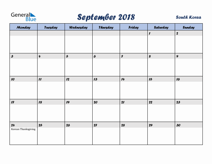 September 2018 Calendar with Holidays in South Korea