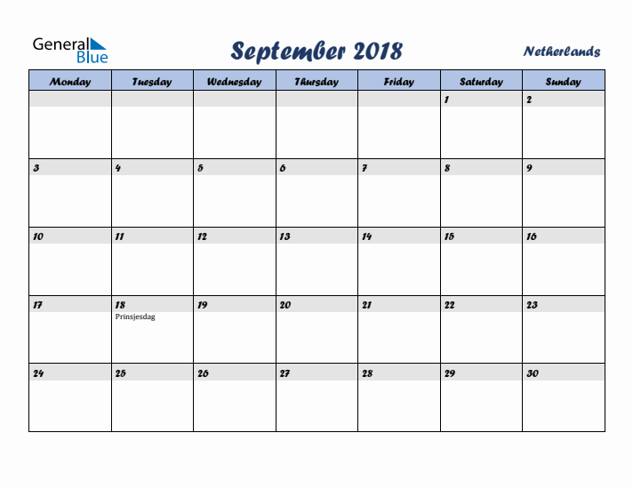 September 2018 Calendar with Holidays in The Netherlands