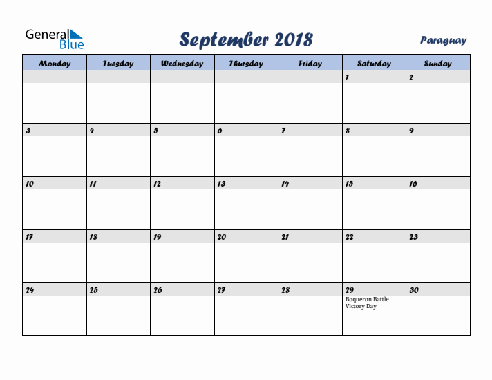 September 2018 Calendar with Holidays in Paraguay