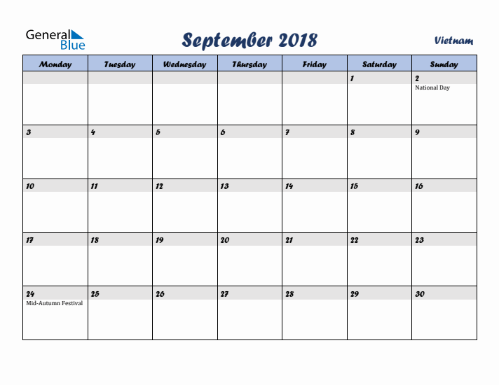 September 2018 Calendar with Holidays in Vietnam