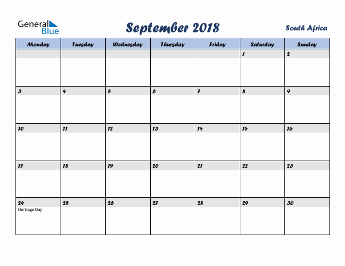 September 2018 Calendar with Holidays in South Africa