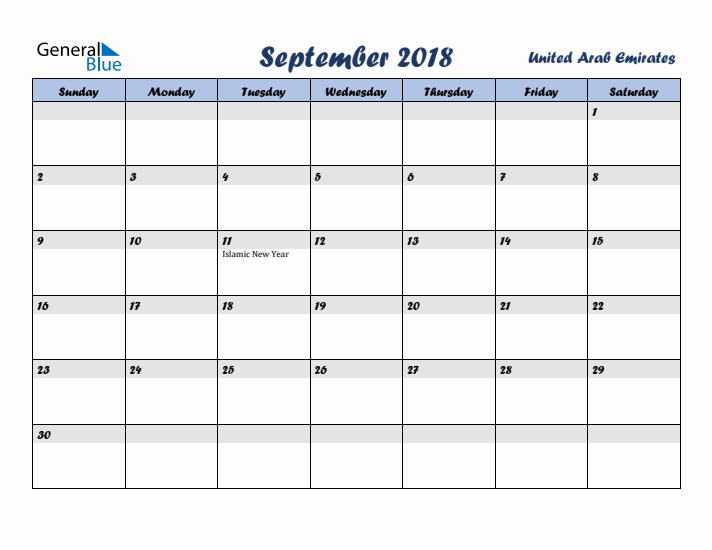 September 2018 Calendar with Holidays in United Arab Emirates