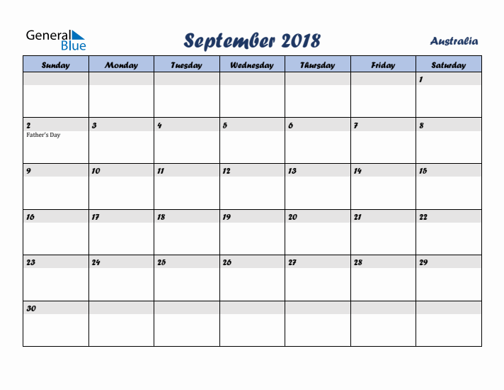 September 2018 Calendar with Holidays in Australia