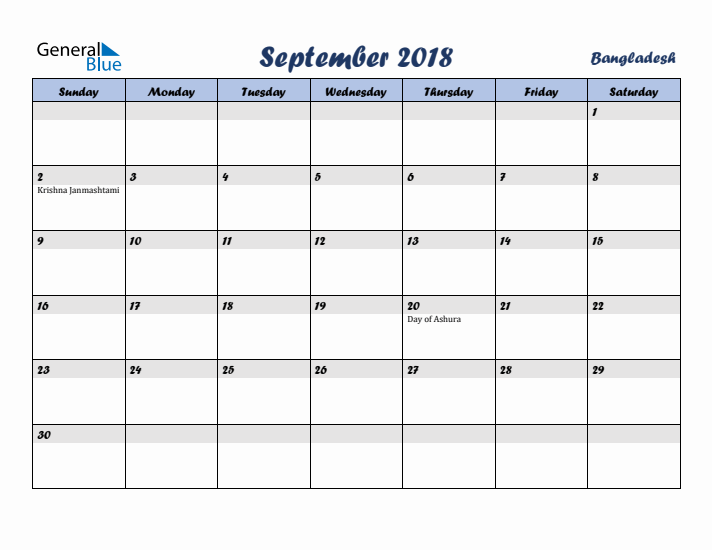 September 2018 Calendar with Holidays in Bangladesh