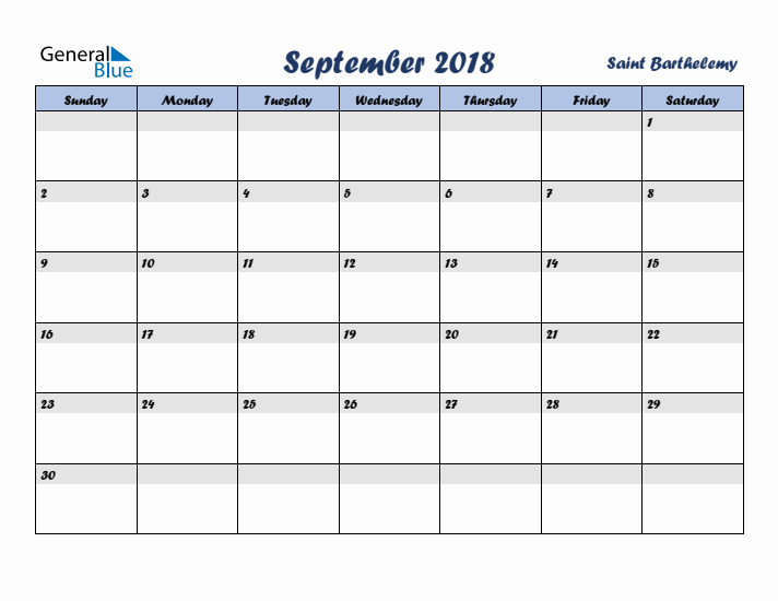 September 2018 Calendar with Holidays in Saint Barthelemy