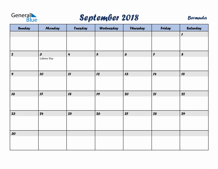 September 2018 Calendar with Holidays in Bermuda