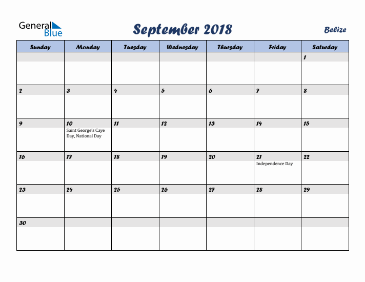 September 2018 Calendar with Holidays in Belize