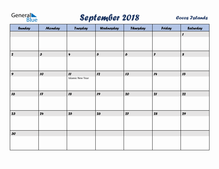 September 2018 Calendar with Holidays in Cocos Islands