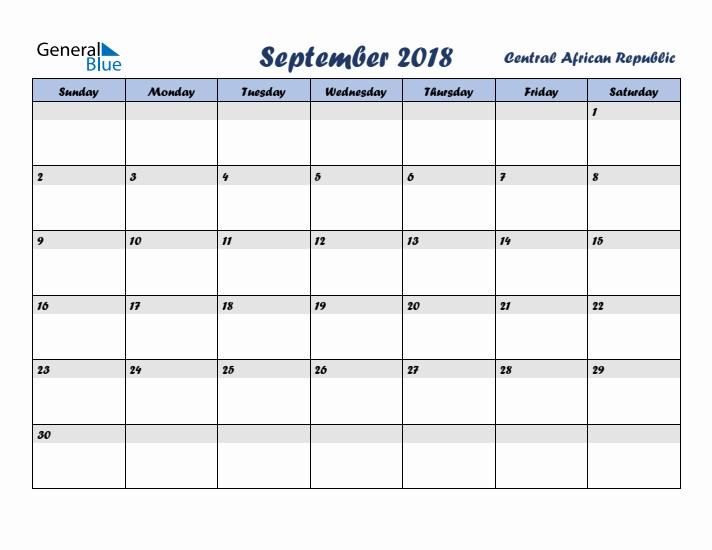 September 2018 Calendar with Holidays in Central African Republic