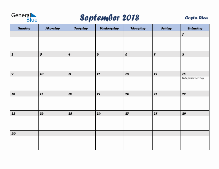 September 2018 Calendar with Holidays in Costa Rica