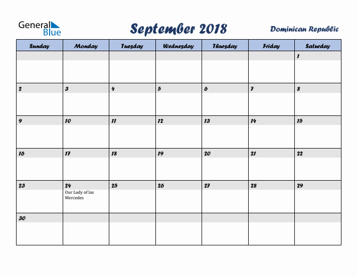 September 2018 Calendar with Holidays in Dominican Republic