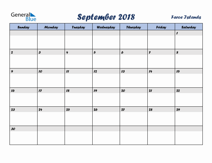 September 2018 Calendar with Holidays in Faroe Islands