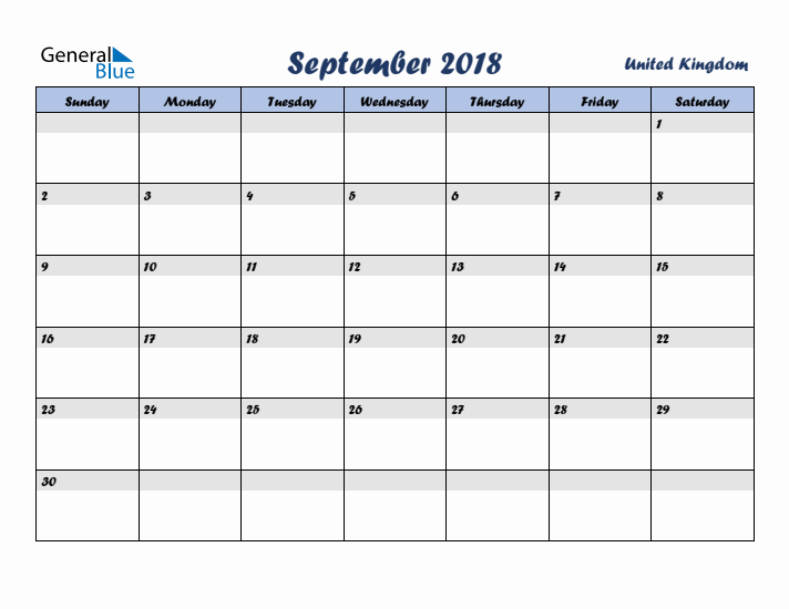 September 2018 Calendar with Holidays in United Kingdom