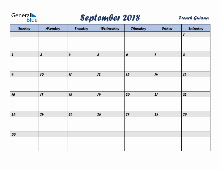 September 2018 Calendar with Holidays in French Guiana