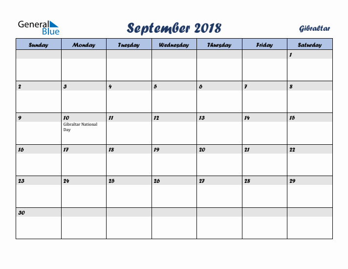 September 2018 Calendar with Holidays in Gibraltar