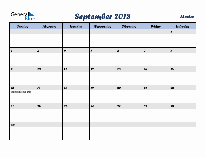 September 2018 Calendar with Holidays in Mexico