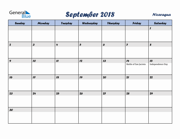 September 2018 Calendar with Holidays in Nicaragua