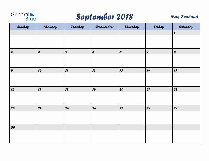 September 2018 Calendar with Holidays in New Zealand