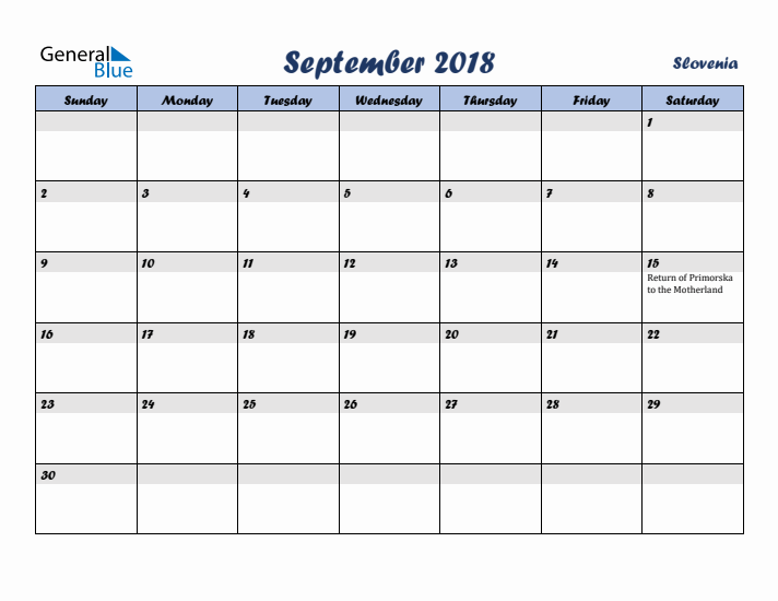 September 2018 Calendar with Holidays in Slovenia