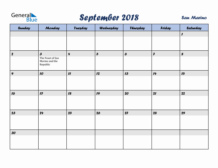 September 2018 Calendar with Holidays in San Marino