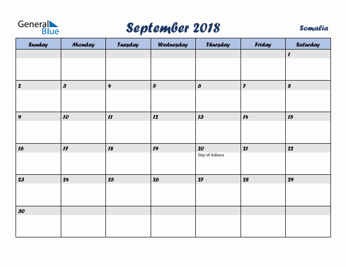 September 2018 Calendar with Holidays in Somalia