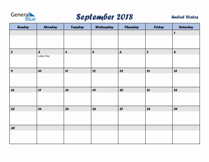 September 2018 Calendar with Holidays in United States