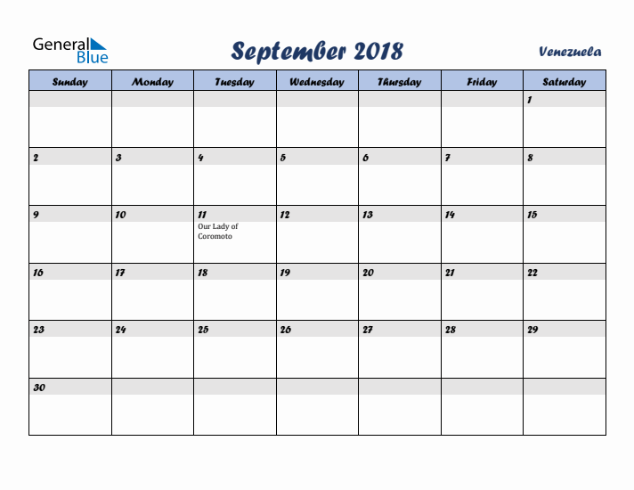 September 2018 Calendar with Holidays in Venezuela