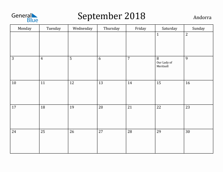 September 2018 Calendar Andorra